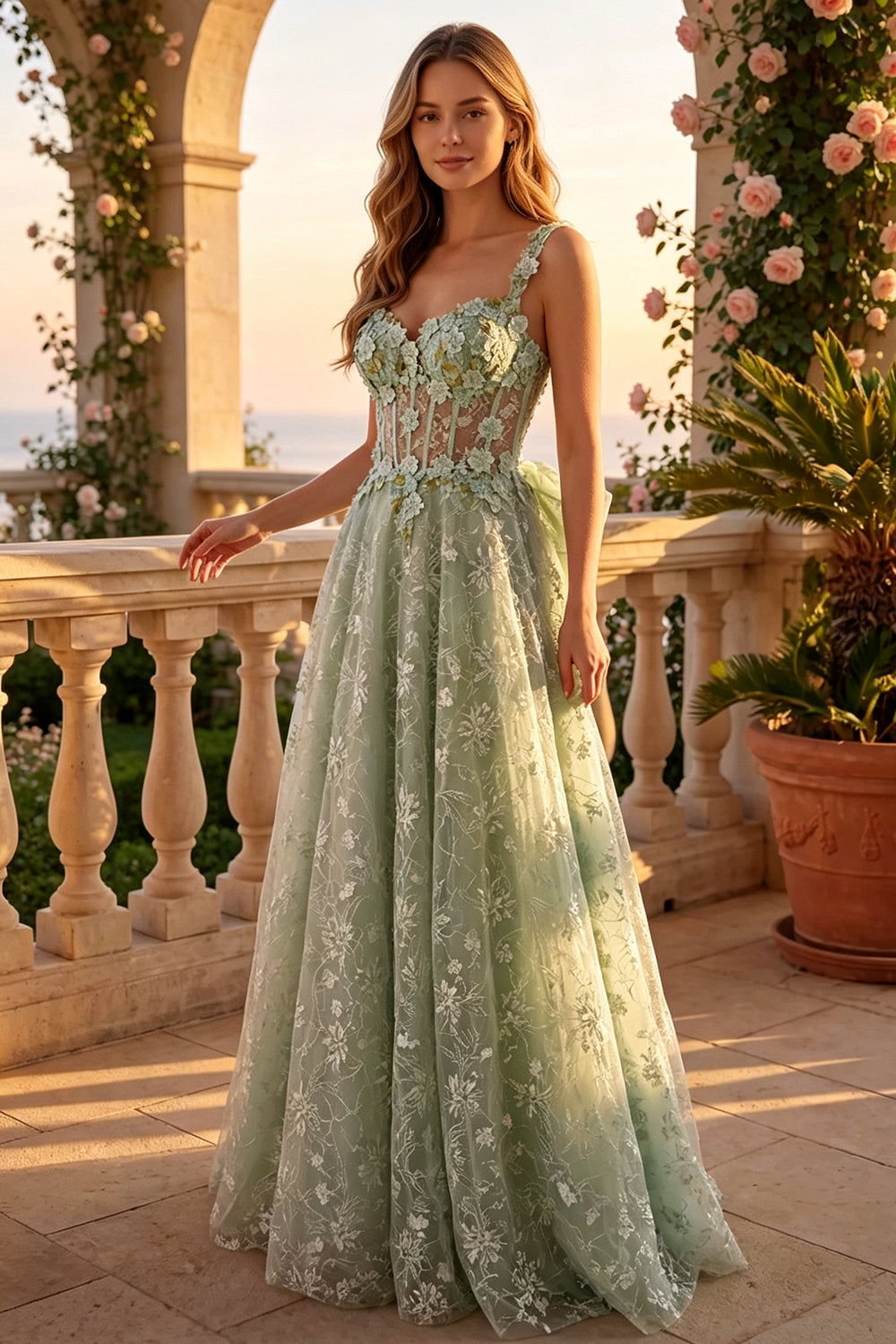 Sweetheart Prom Dress 3D Floral Appliques Sheer Corset Glitter Tulle A-Line Pageant Gown With Big Bow (HW259)