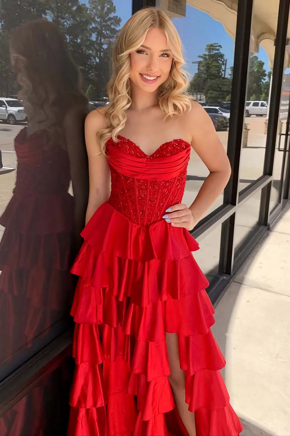 Satin Prom Dress for Women Long A Line 2026 Sweetheart Corset Evening Dresses with Ruffles Tiered Cocktail Gowns (HW011)
