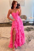 Chiffon A Line Prom Dresses for Women 2026 Strapless Flower Tiere Ruffled Formal Evening Party Dress (HW069)