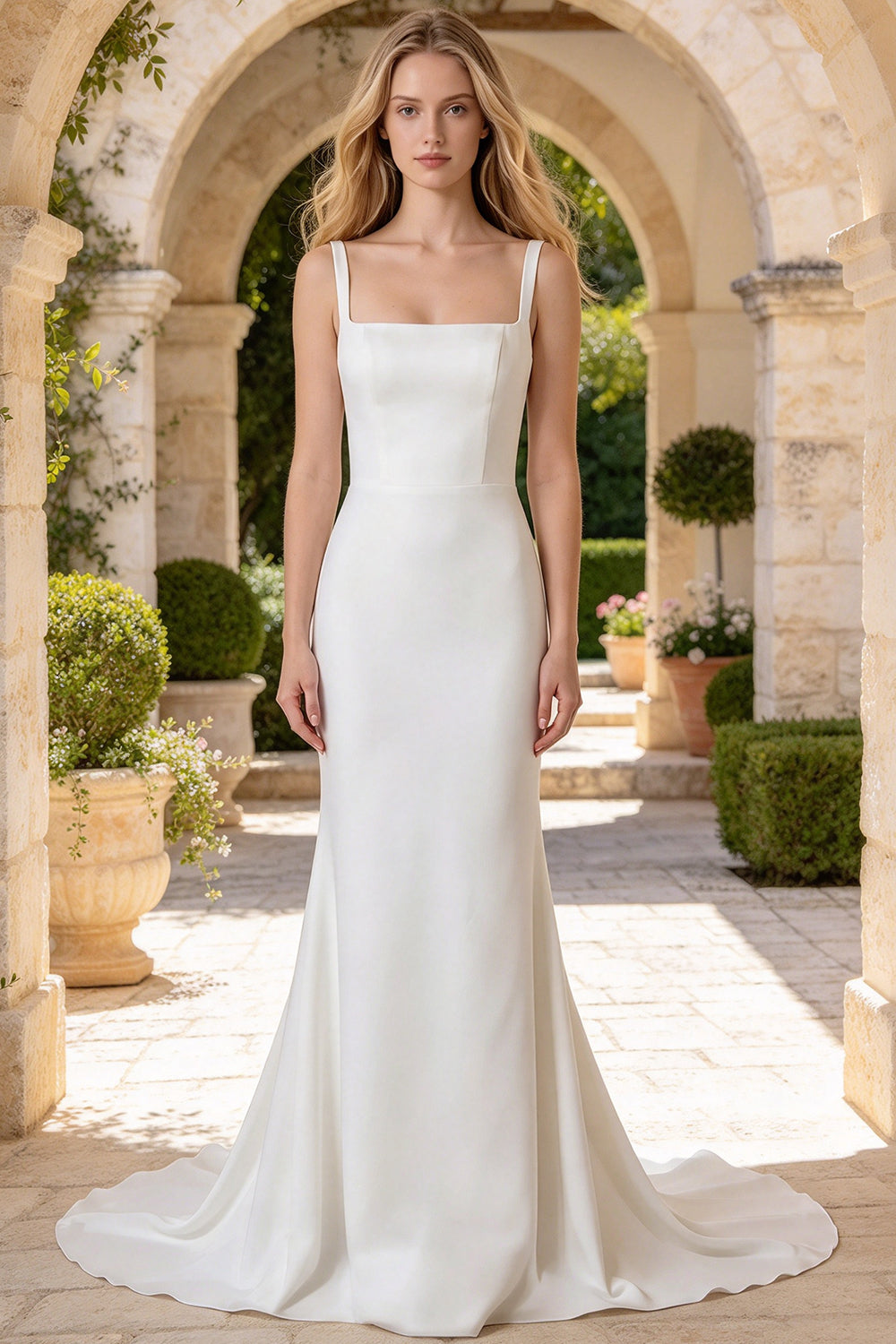 Square Neck Satin Mermaid Wedding Dress Straps Corset Lace Up Bridal Gown (HW324)