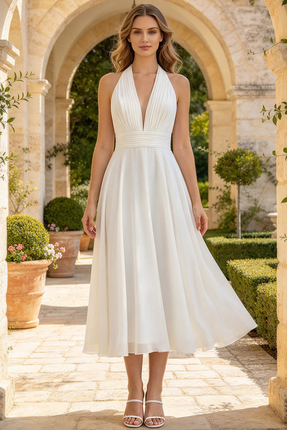 Halter V Neck Chiffon Midi Wedding Dress Pleated With Bow Tie A Line Bridal Gown (HW332)