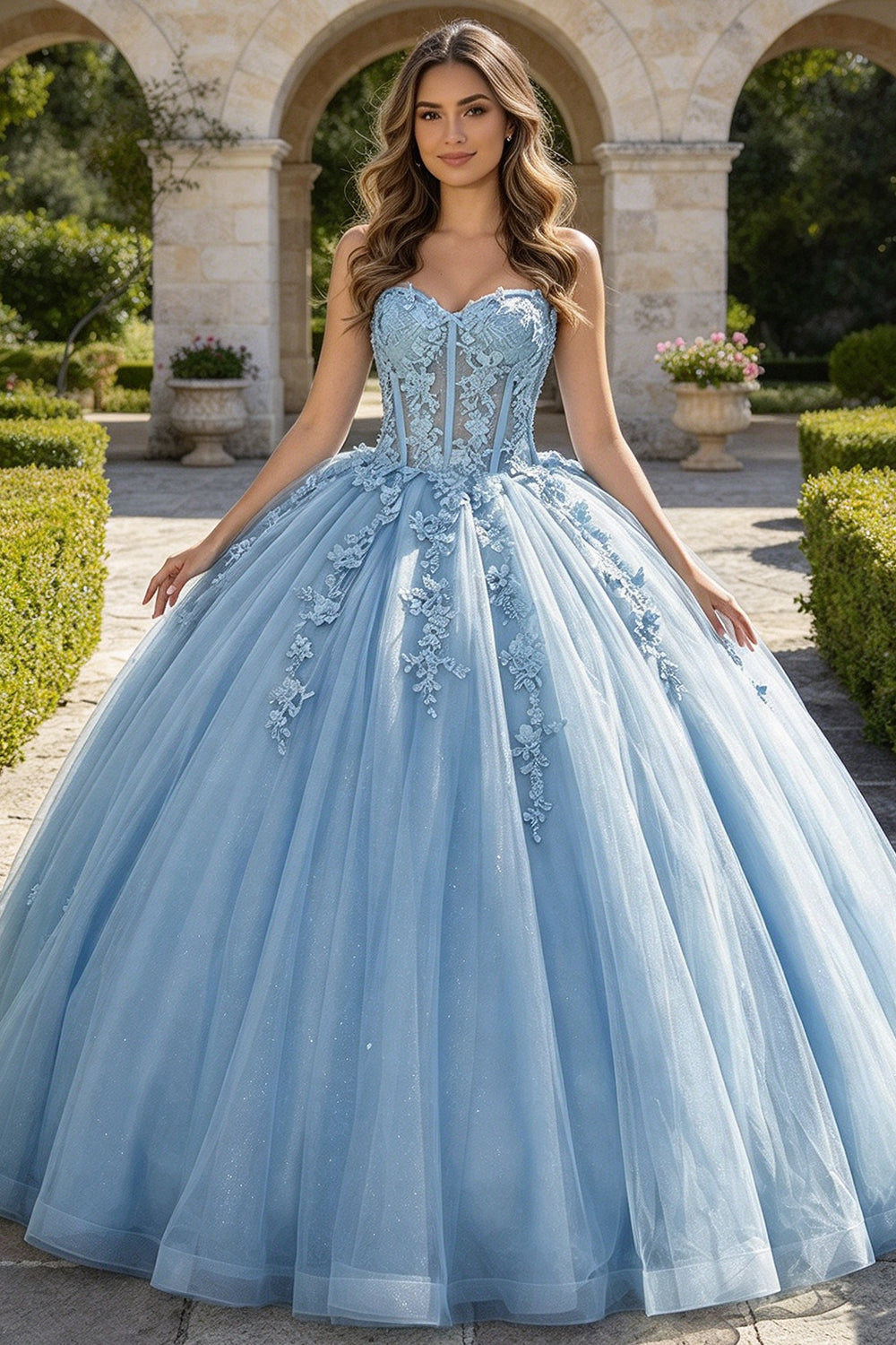 Strapless Lace Applique Quinceanera Dress Glitter Tulle Corset Sweet 15 Ball Gown (HW347)