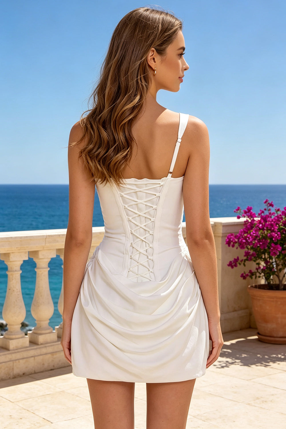 White Corset Homecoming Dress with Lace‑Up Satin Short Party Dress for Teen (HW238)