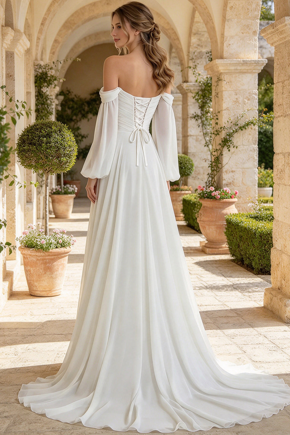 Off The Shoulder Chiffon Wedding Dress Long Sleeves Sweetheart Side Slit with Lace Up Bridal Gown (HW329)