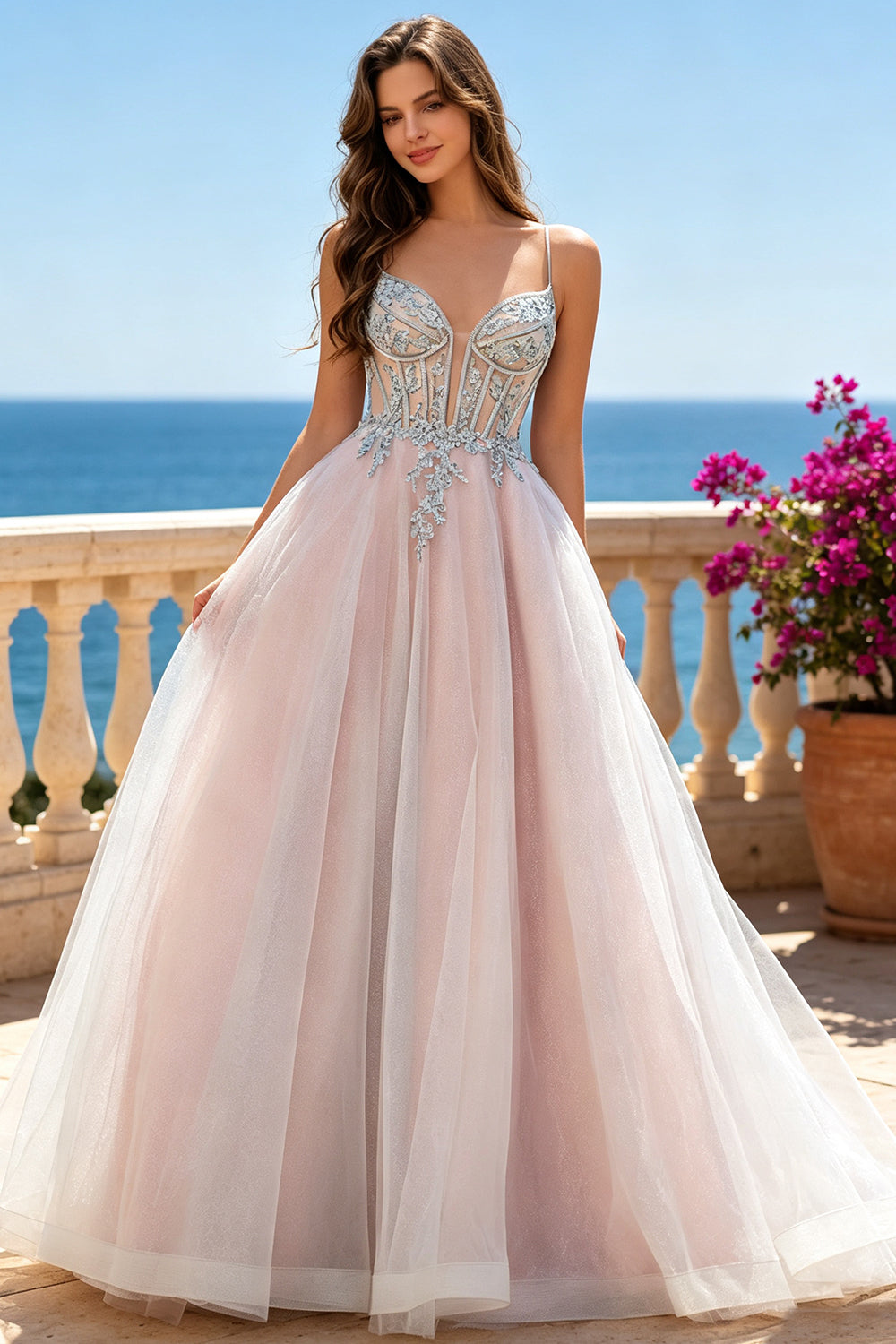 Glitter Tulle A‑Line Prom Dress Corset Lace Appliques with Lace‑Up Formal Evening Gown (HW250)