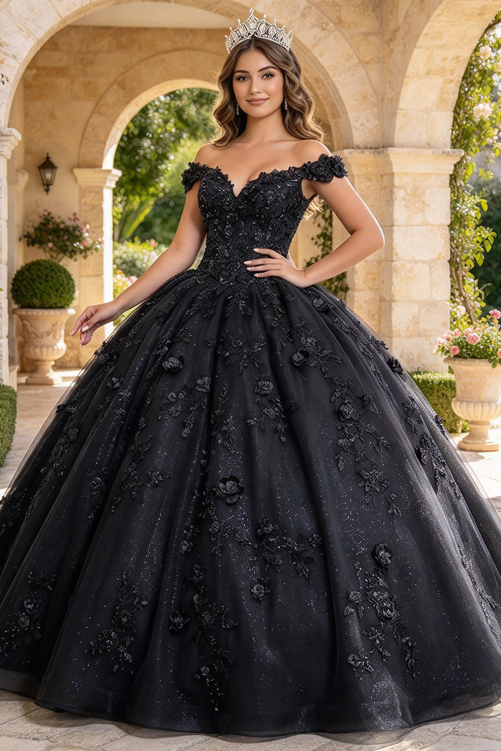 Off The Shoulder Quinceanera Dresses 3D Flower Glitter Tulle Ball Gown Sweet 16 Dress (HW342)