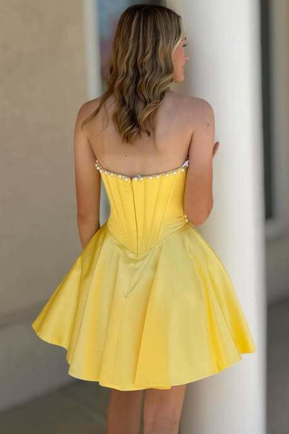 Satin Strapless A-Line Mini Homecoming Dress for Teen Pearl Trim Corset Flared Graduation Short Cocktail Dress (HW150)