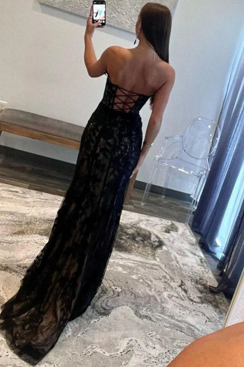 Black Lace Prom Dress for Women Long Mermaid 2026 Corset Lace Up Wedding Guest Dresses with Slit (HW062)