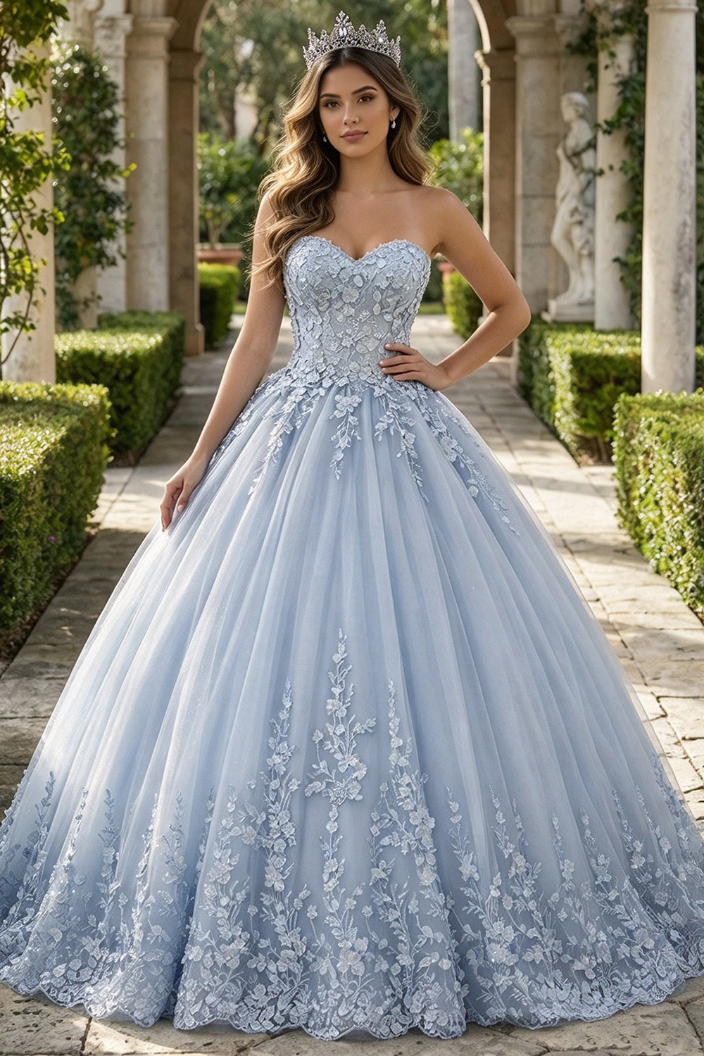 Strapless Quinceanera Dress 3D Floral Lace Applique Tulle Ball Gown With Lace-Up (HW349)