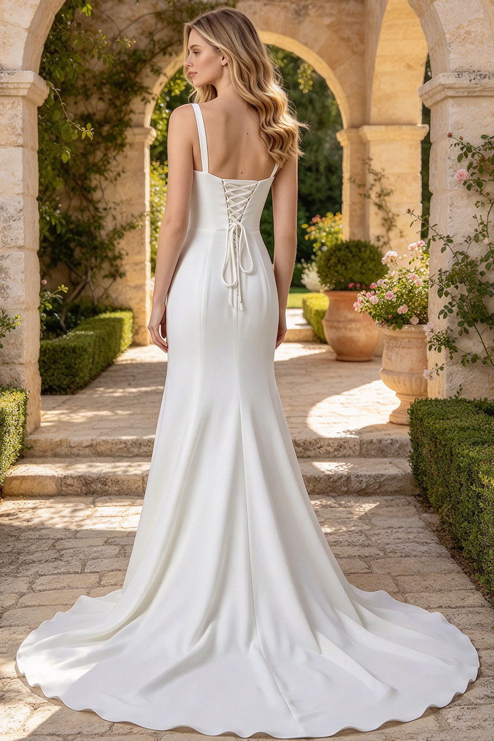 Square Neck Satin Mermaid Wedding Dress Straps Corset Lace Up Bridal Gown (HW324)