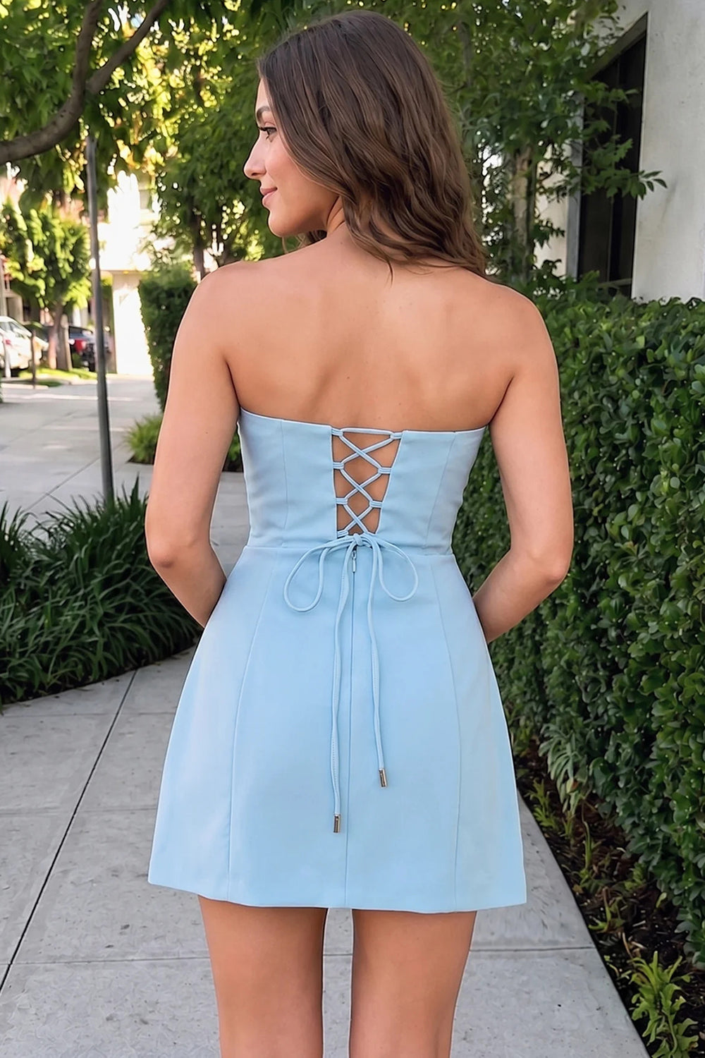 Strapless Homecoming Dress 3D Floral Cutout Crisscross Lace-Up Back A-Line Mini Formal Graduation Dress (HW196)
