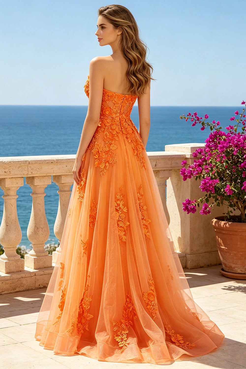 Orange Sweetheart Prom Dress 3D Floral Lace Appliques Tulle A‑Line Formal Evening Gown (HW237)