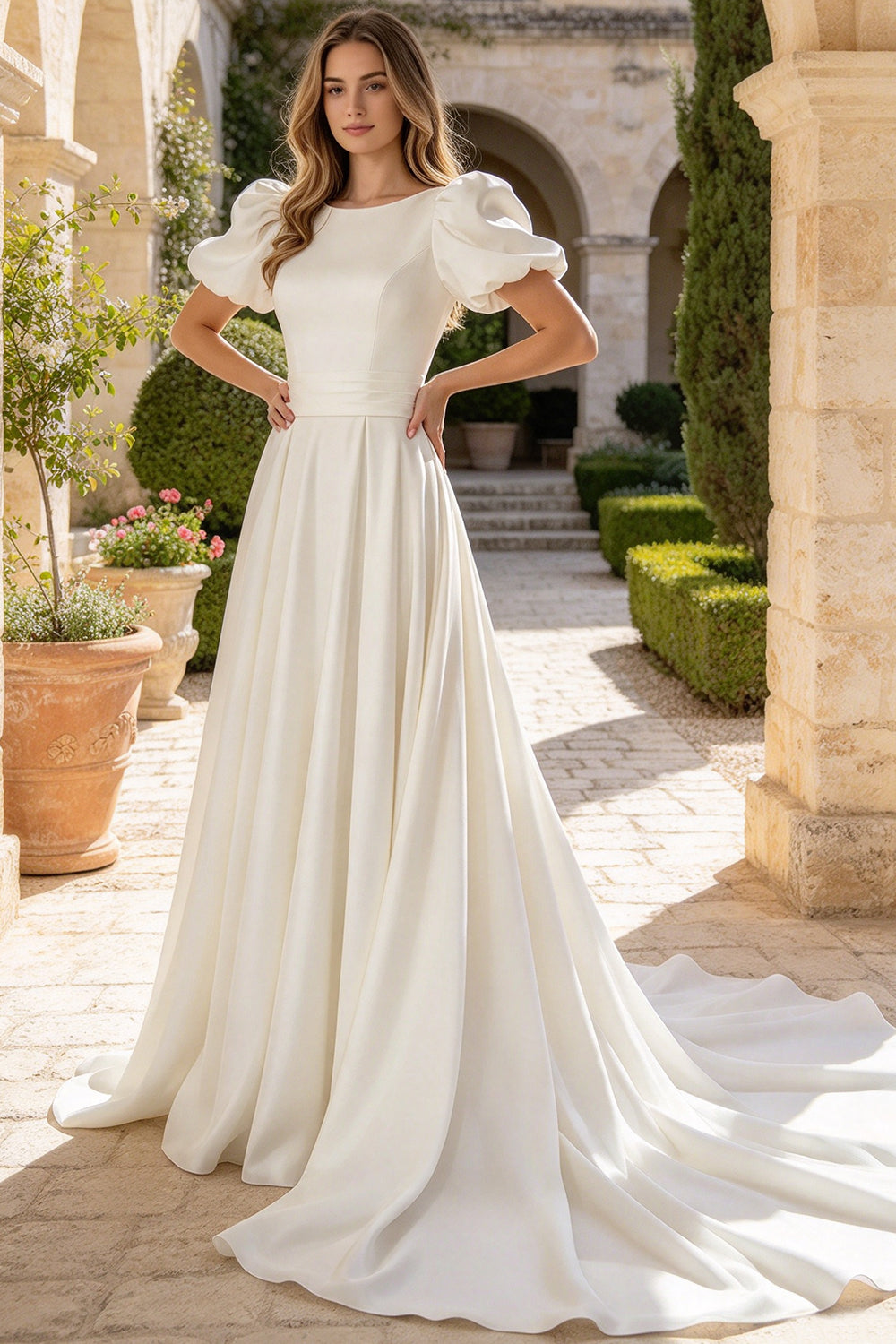 Puff Short Sleeve Satin Wedding Dress Long A Line Bridal Gown (HW334)