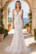 Lace Mermaid Wedding Dress V Neck Sheer Boho Bridal Gown With Scalloped Train (HW319)