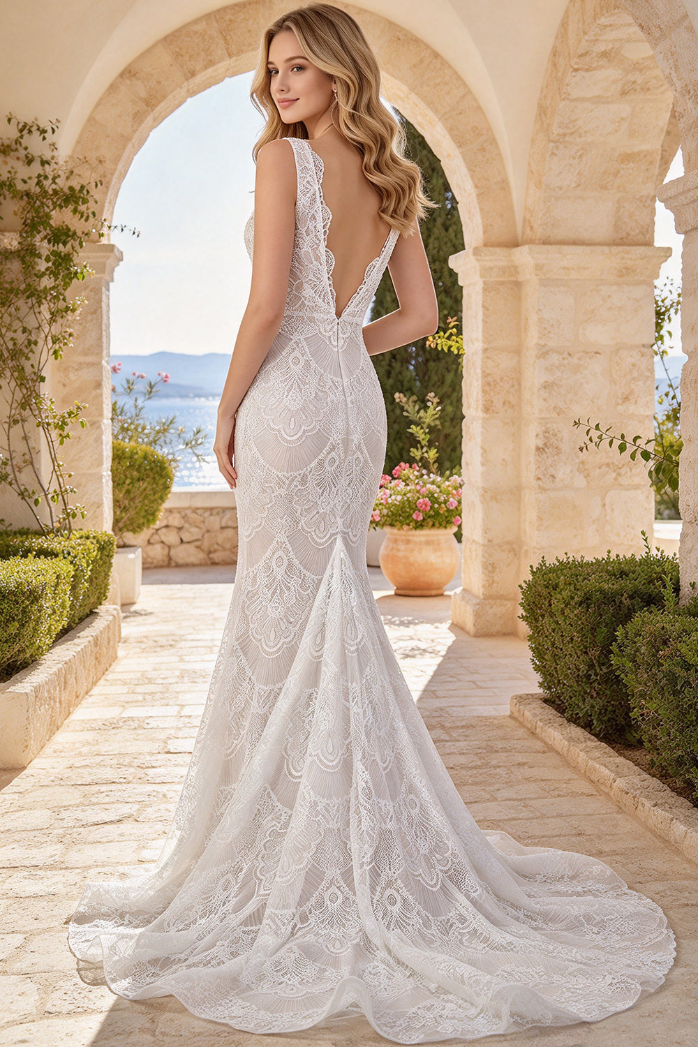 Lace Mermaid Wedding Dress V Neck Sheer Boho Bridal Gown With Scalloped Train (HW319)