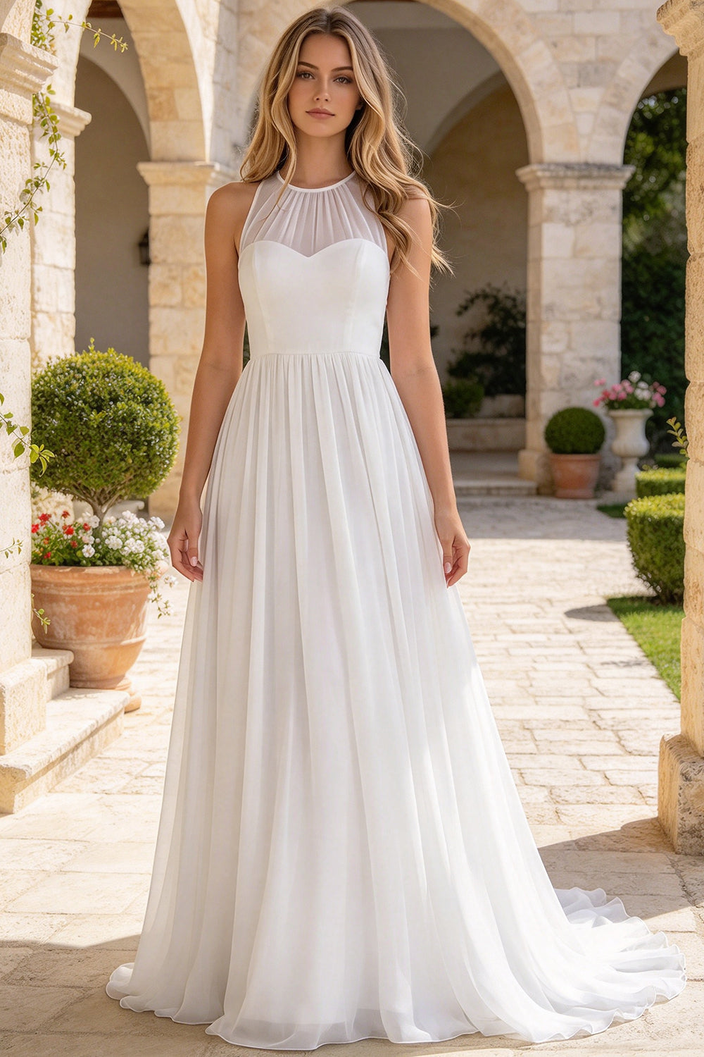 Halter Sheer Neck Chiffon Wedding Dress A Line Flowy Floor Length Bridal Gown (HW337)