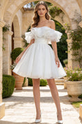 Off The Shoulder Ruffled Organza Short Wedding Dress Lace Up A Line Mini Bridal Gown (HW333)