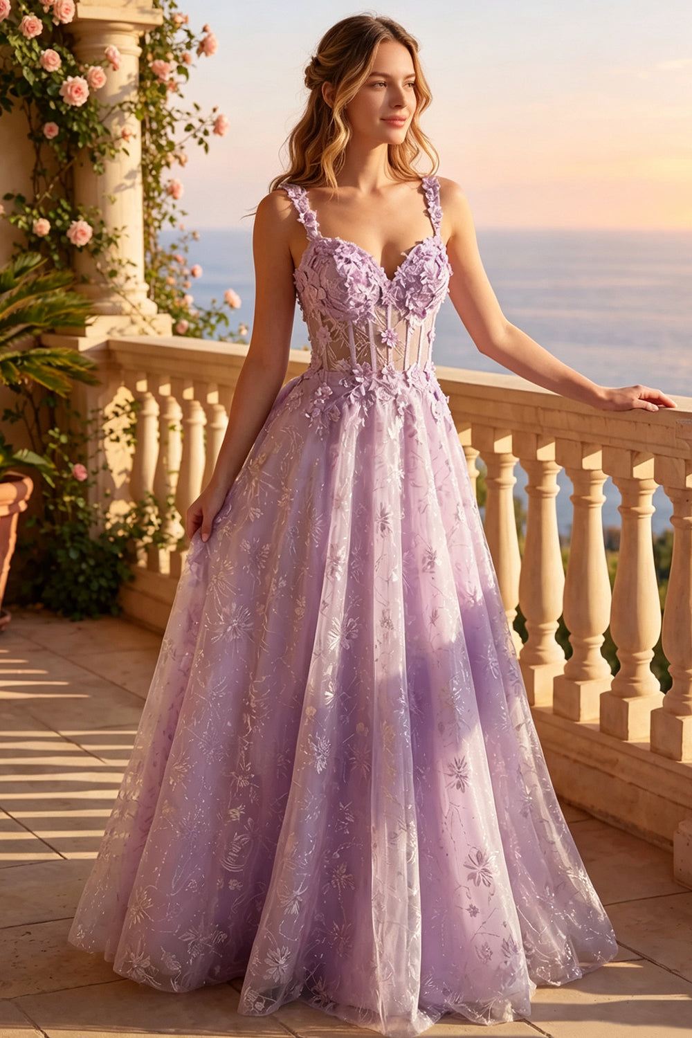 Sweetheart Prom Dress 3D Floral Appliques Sheer Corset Glitter Tulle A-Line Pageant Gown With Big Bow (HW259)
