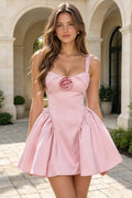 Satin 3D Rose Straps Short A Line Homecoming Dresses Lace Up Back Mini Party Dress (HW291)