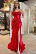 Satin Mermaid Strapless Prom Dresses with Slit Evening Dress Long for Women with Lace Up (HW058)