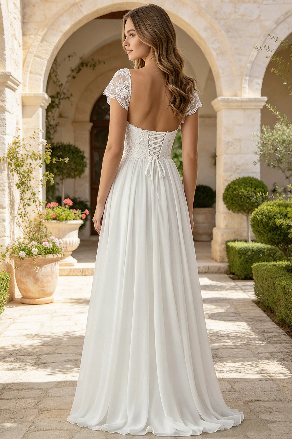 Cap Sleeve Lace Long A Line Wedding Dress Chiffon Low Back with Lace Up Bridal Gown (HW339)
