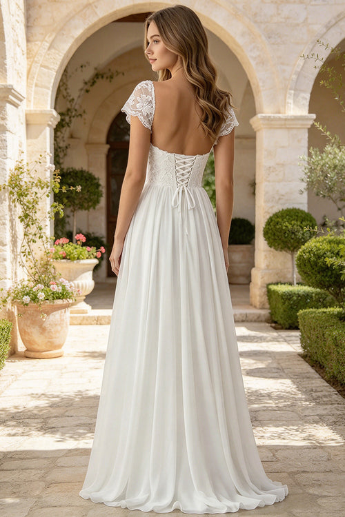 Cap Sleeve Lace Long A Line Wedding Dress Chiffon Low Back with Lace Up Bridal Gown (HW339)