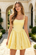 Satin Homecoming Dress Spaghetti Strap 3D Floral A-Line Short Graduation Party Dress with Lace Up (HW287)