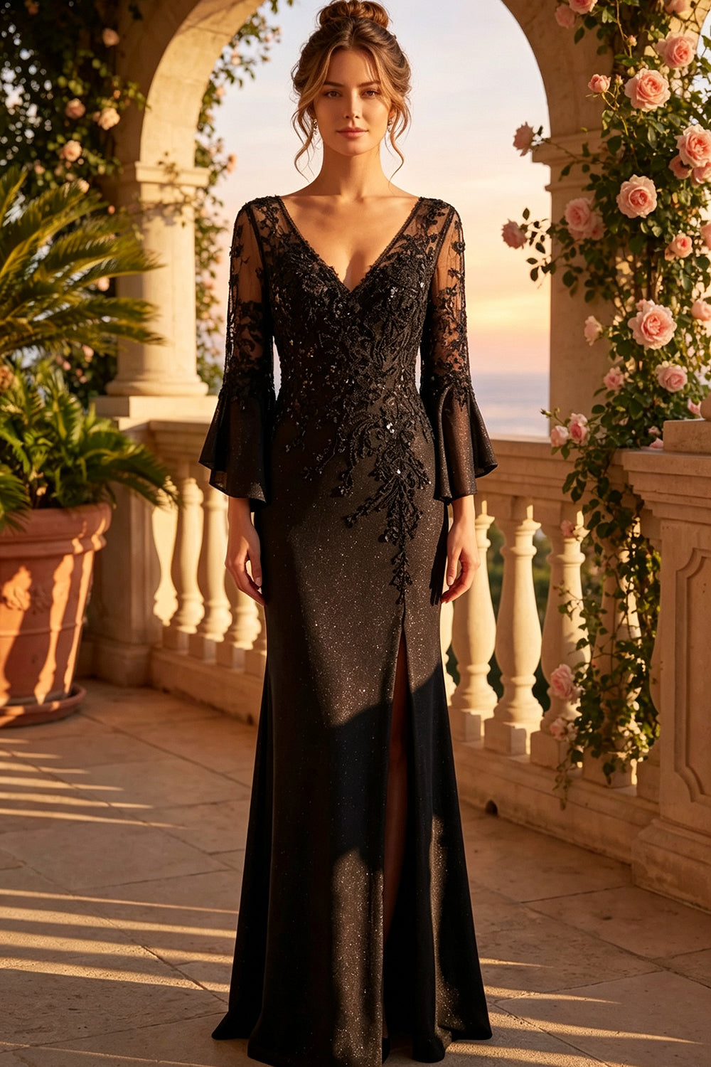 Satin V-Neck Prom Dress Bell Long Sleeves Beaded Lace Appliques Glitter Mermaid Formal Gown With Slit (HW258)