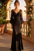 Satin V-Neck Prom Dress Bell Long Sleeves Beaded Lace Appliques Glitter Mermaid Formal Gown With Slit (HW258)