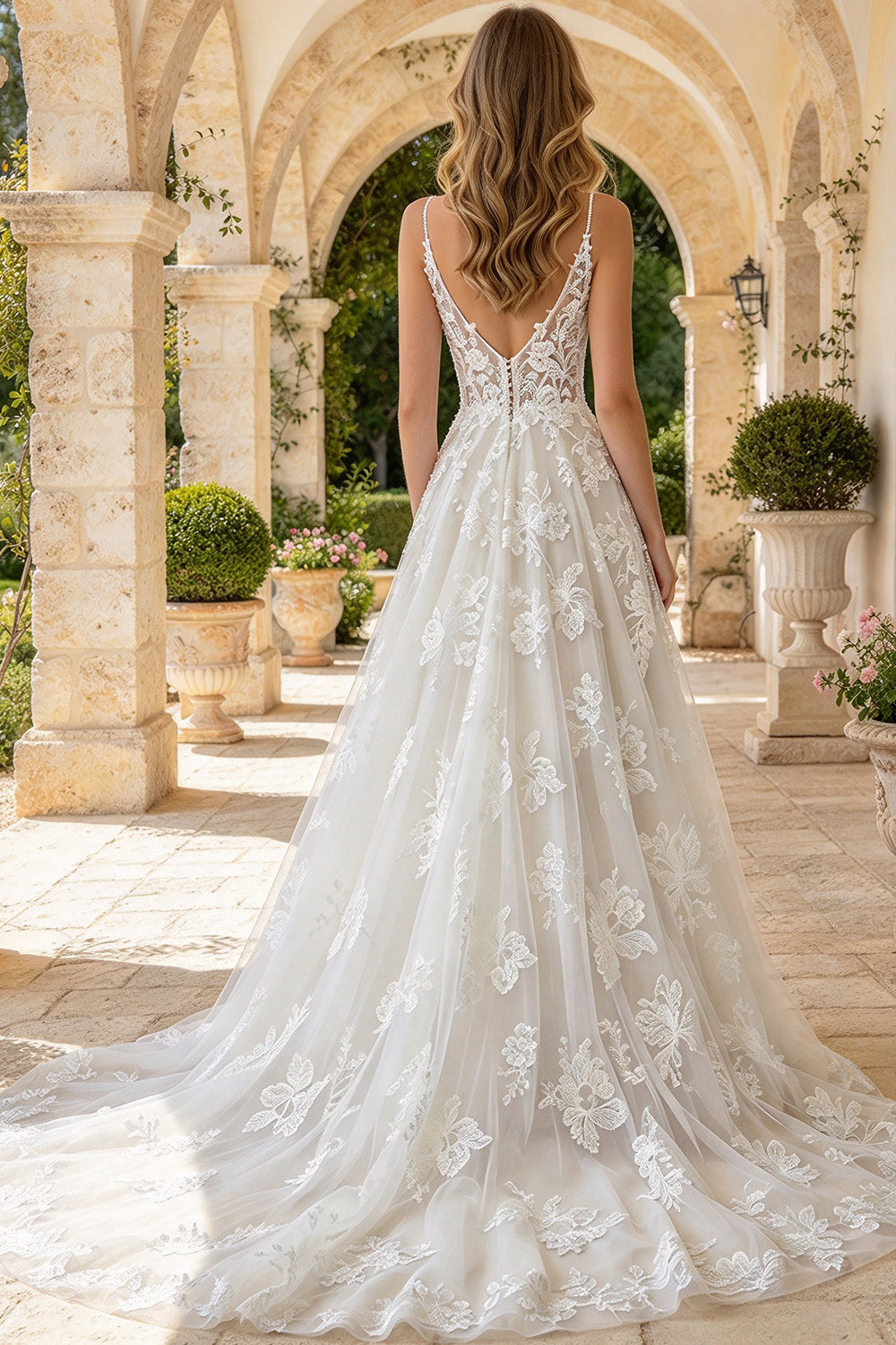 Spaghetti Strap 3D Floral Lace Wedding Dress V Neck Long A Line Tulle Bridal Gown (HW323)