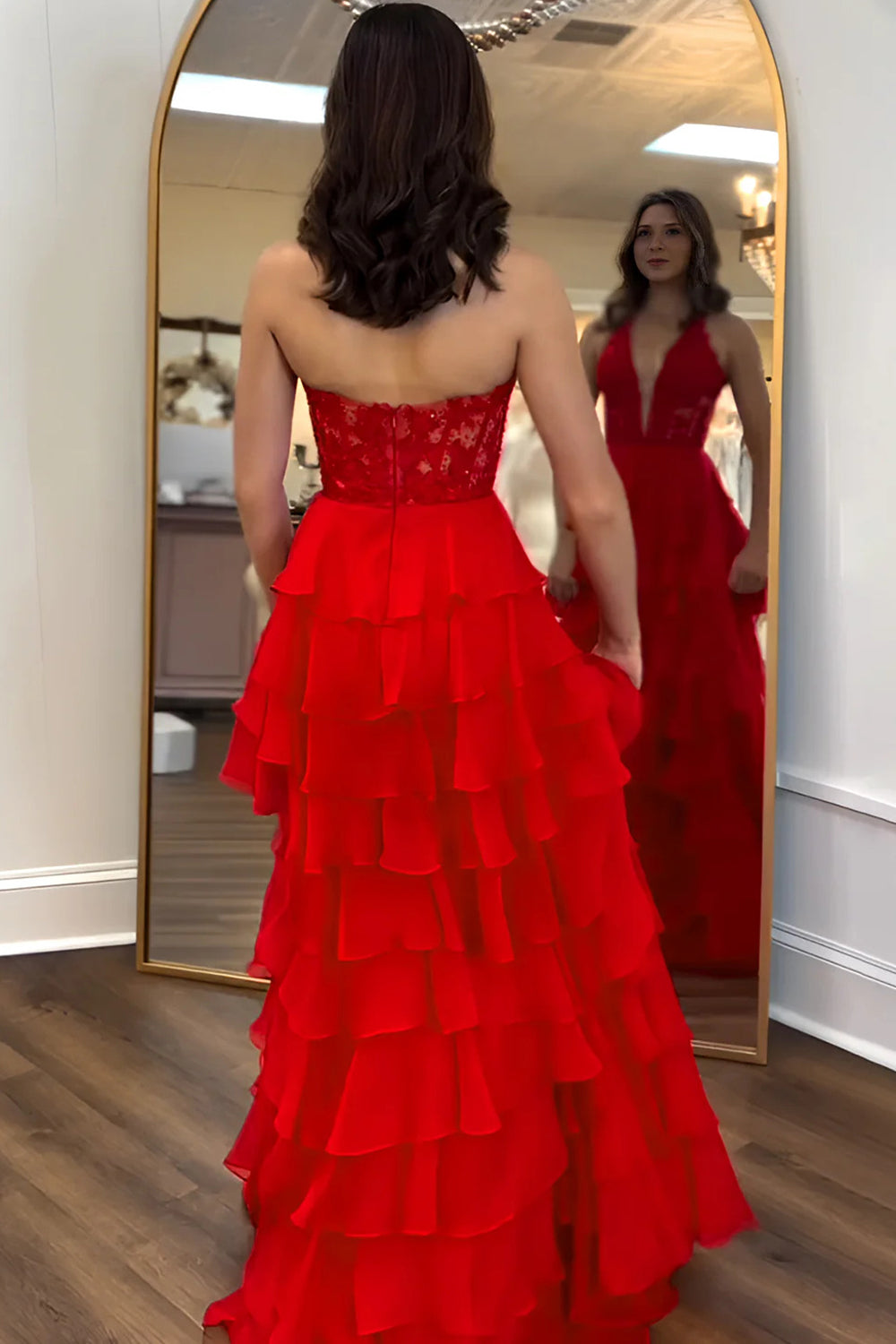 Halter Corset Prom Dresses Chiffon Layered Ruffle Long Slit Party Dress With Lace Appliques (HW050)