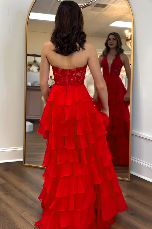 Halter Corset Prom Dresses Chiffon Layered Ruffle Long Slit Party Dress With Lace Appliques (HW050)