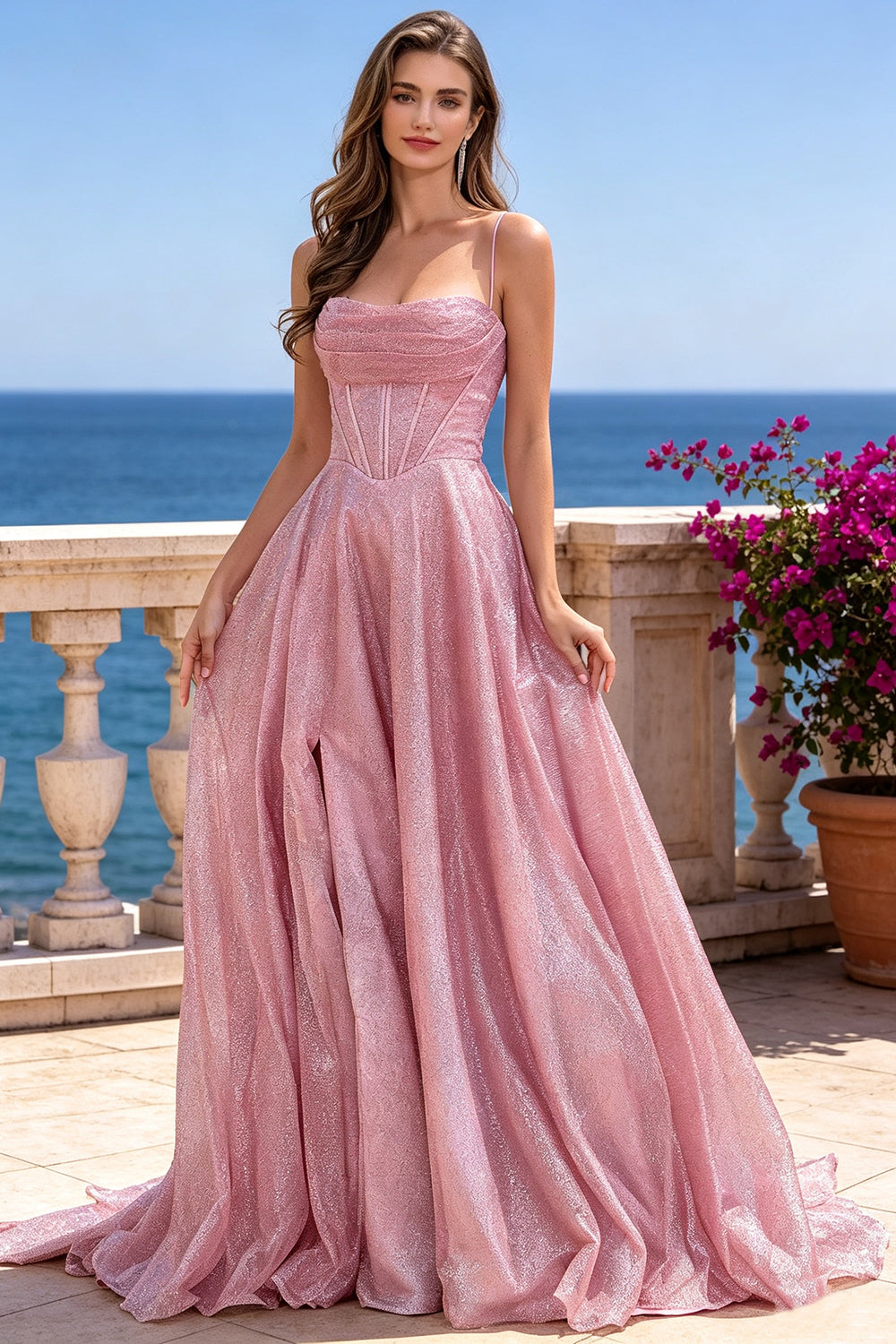 Dusty Pink Glitter A‑Line Prom Dress Spaghetti Straps Corset with Lace‑Up Formal Evening Gown (HW243)