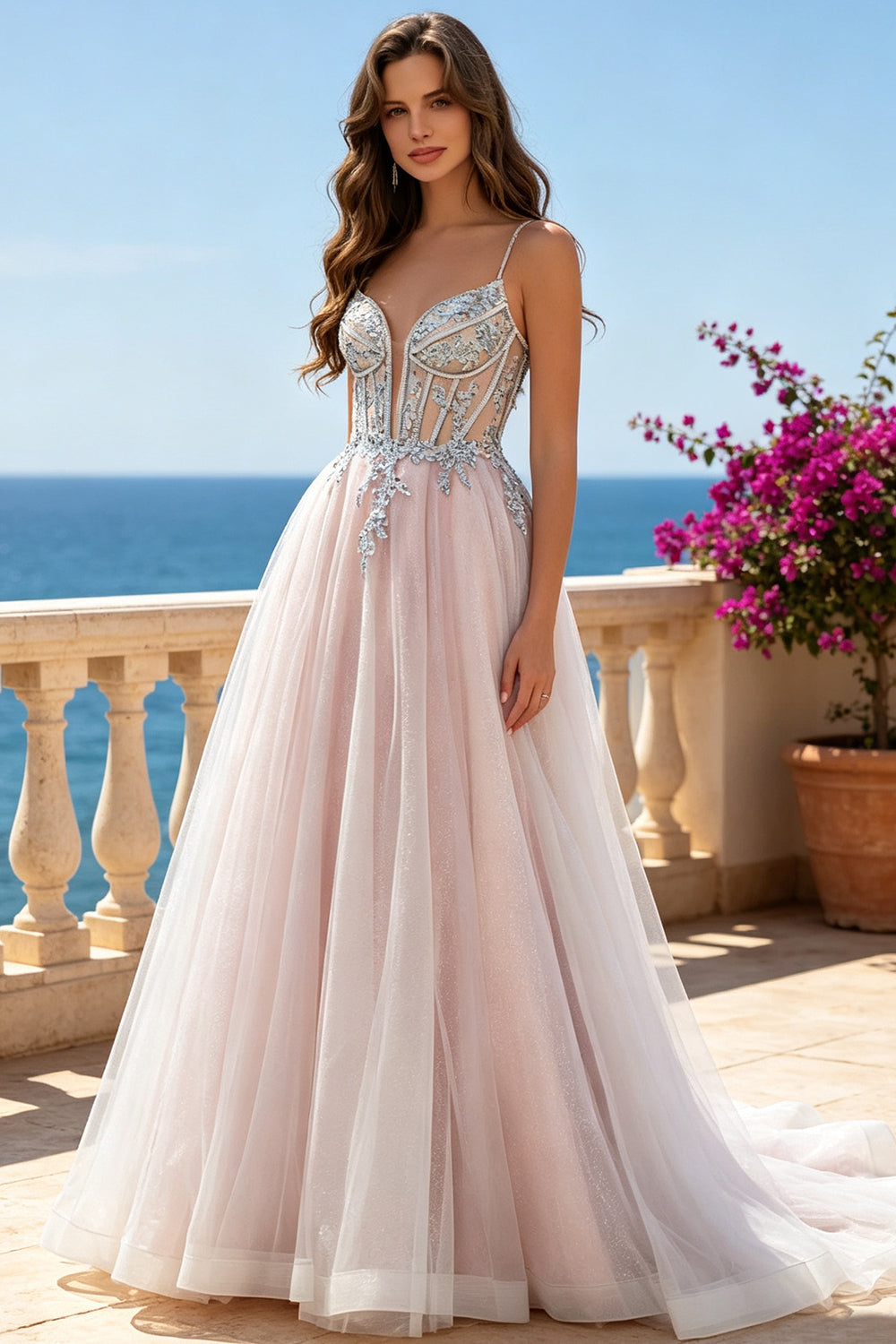 Glitter Tulle A‑Line Prom Dress Corset Lace Appliques with Lace‑Up Formal Evening Gown (HW250)