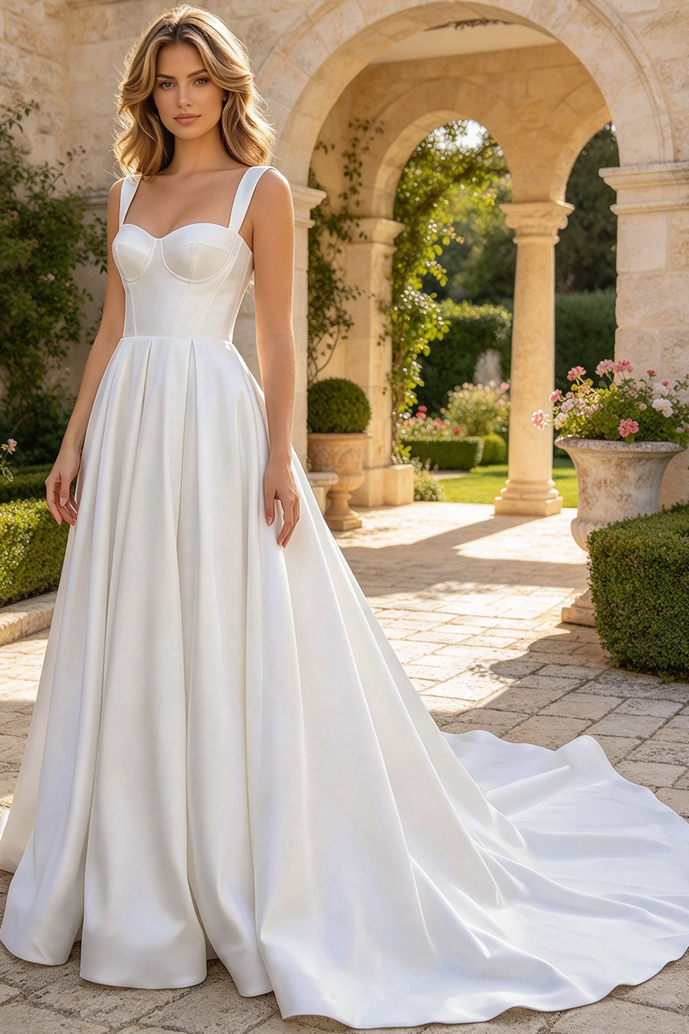 Sweetheart Satin A Line Wedding Dress Corset Wide Strap Lace Up Bridal Gown (HW338)