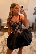 Black Floral Lace Corset Spaghetti Strap Short Homecoming Dress with Puffy Bubble for Teen Graduation Party (HW151)