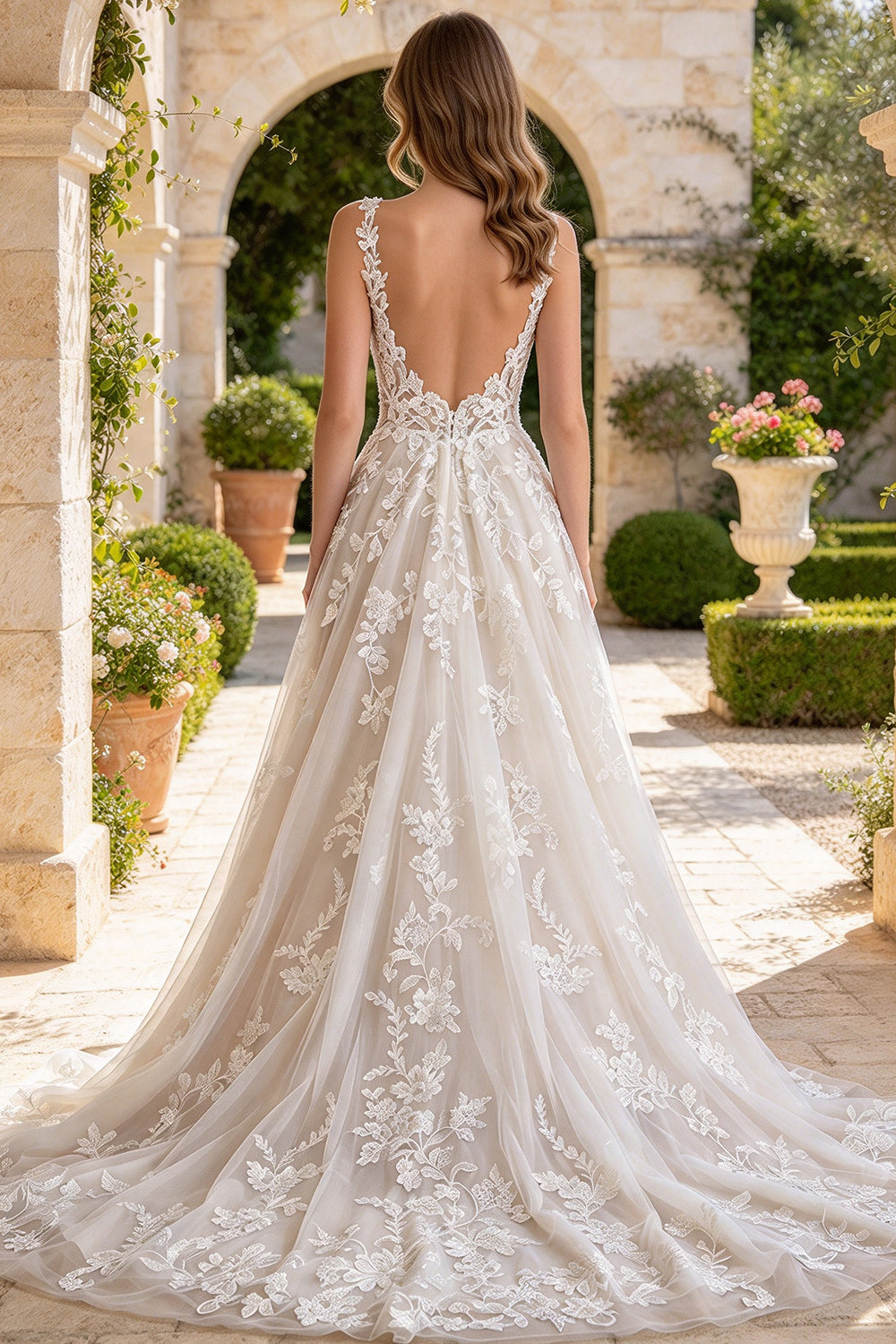 Long A Line Tulle Wedding Dress V Neck Lace Appliques Bridal Gown (HW322)