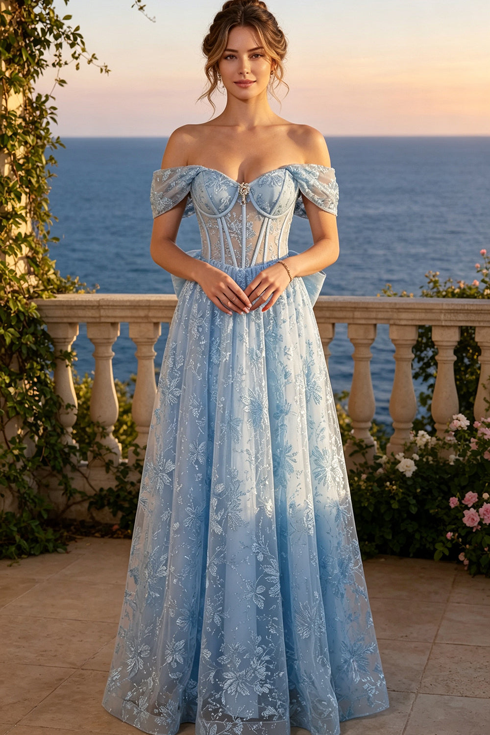 Off The Shoulder Prom Dress Sheer Floral Glitter Tulle A-Line Long Formal Gown With Big Back Bow (HW256)