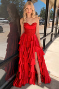 Satin Prom Dress for Women Long A Line 2026 Sweetheart Corset Evening Dresses with Ruffles Tiered Cocktail Gowns (HW011)