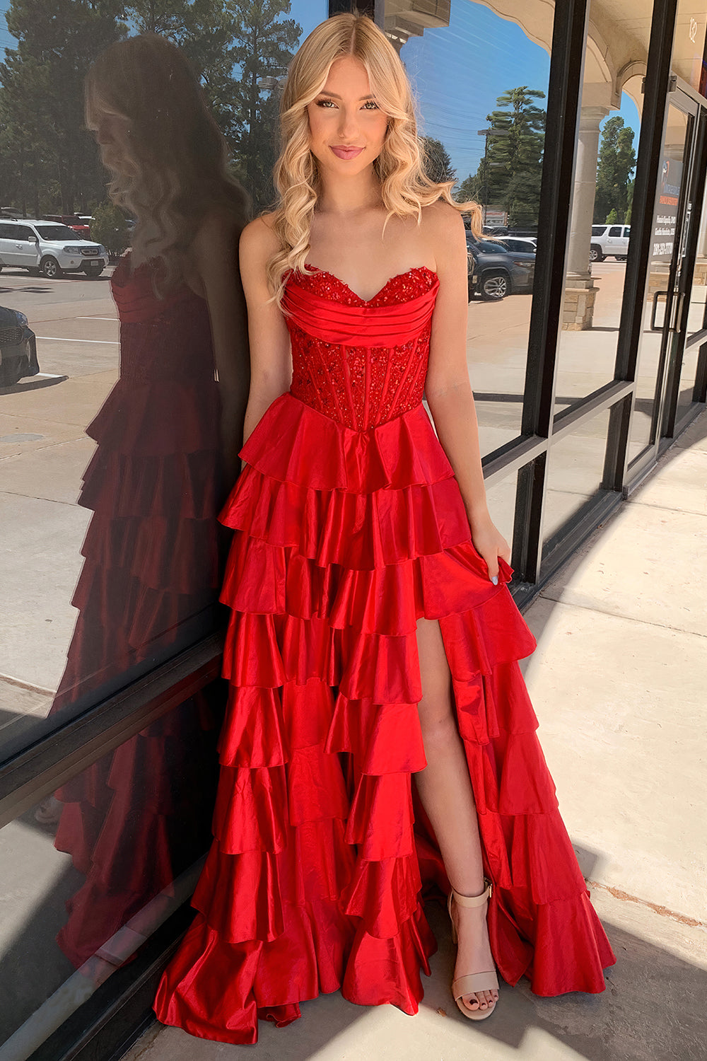 Satin Prom Dress for Women Long A Line 2026 Sweetheart Corset Evening Dresses with Ruffles Tiered Cocktail Gowns (HW011)