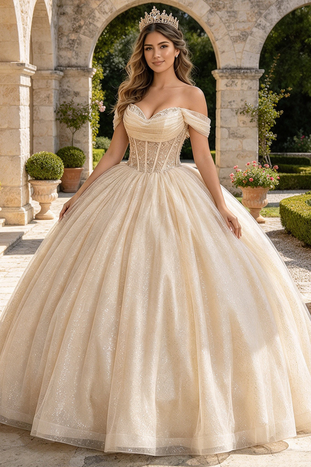 Off Shoulder Quinceanera Dress Beaded Glitter Tulle Ball Gown With Back Bow Sweet 16 Dress (HW344)