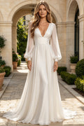 Deep V Satin Wedding Dress Long Puff Sleeve Open Back A Line Flowy Chiffon Bridal Gown (HW315)