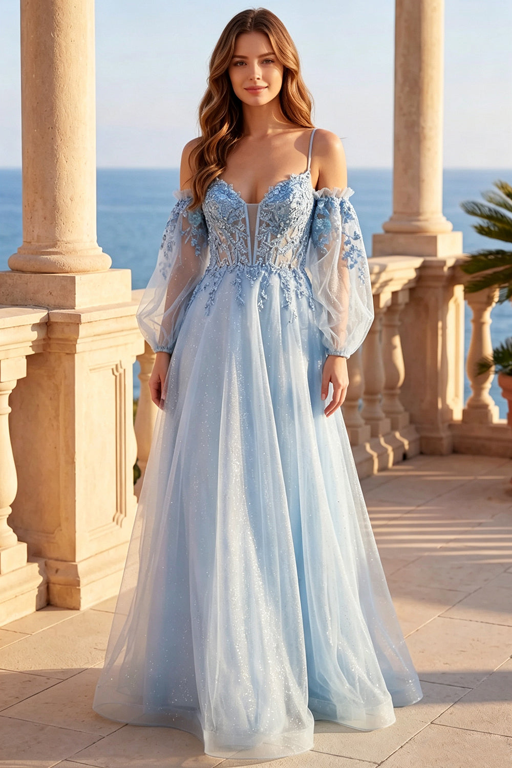 Sparkly Tulle Prom Dress Spaghetti Straps Detachable Puff Sleeves Lace Appliques A Line Long Evening Gown (HW255)