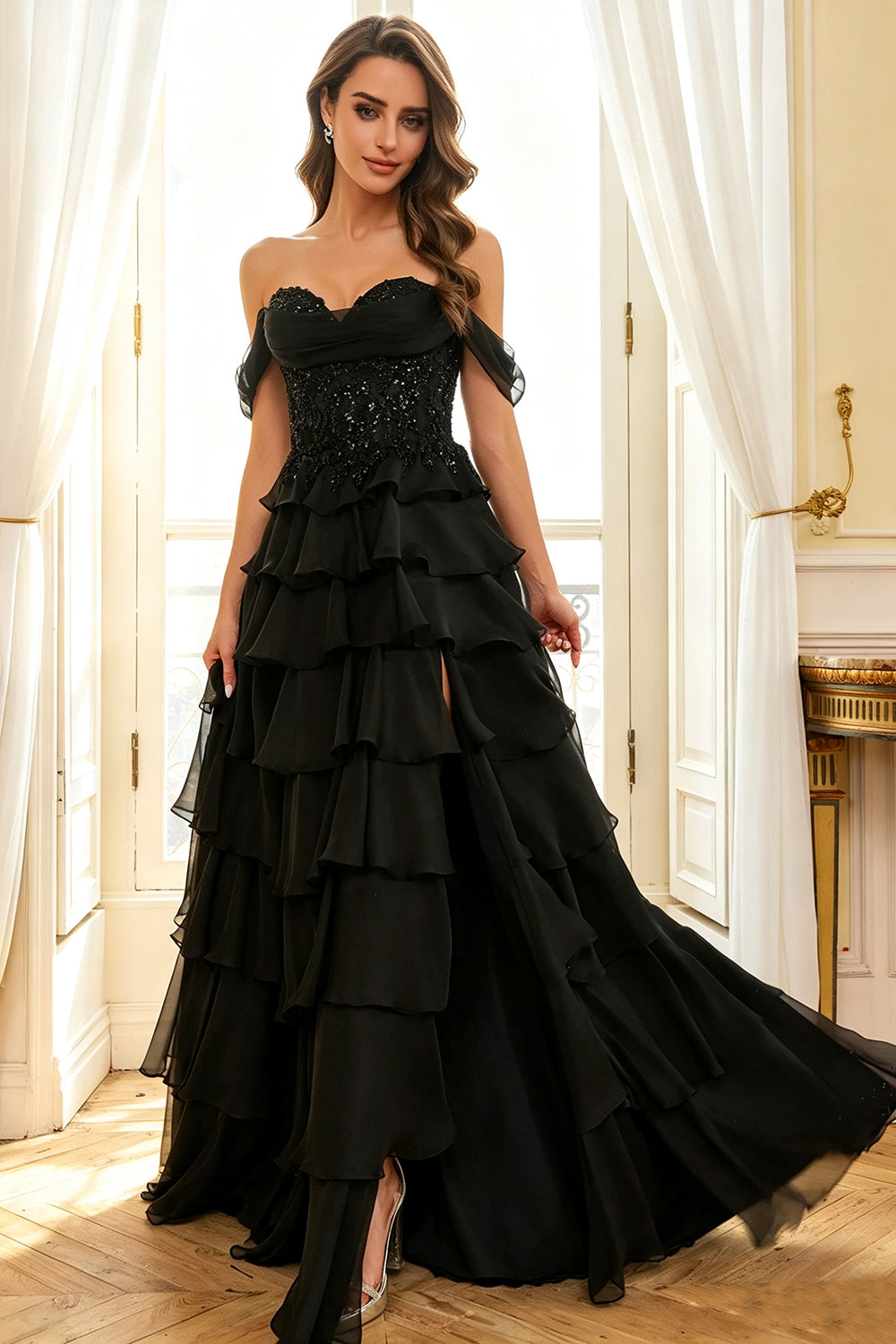Black Off‑The‑Shoulder Prom Dress Beaded Tiered Ruffle Chiffon Slit Lace‑Up Long A‑Line Evening Gown (HW246)
