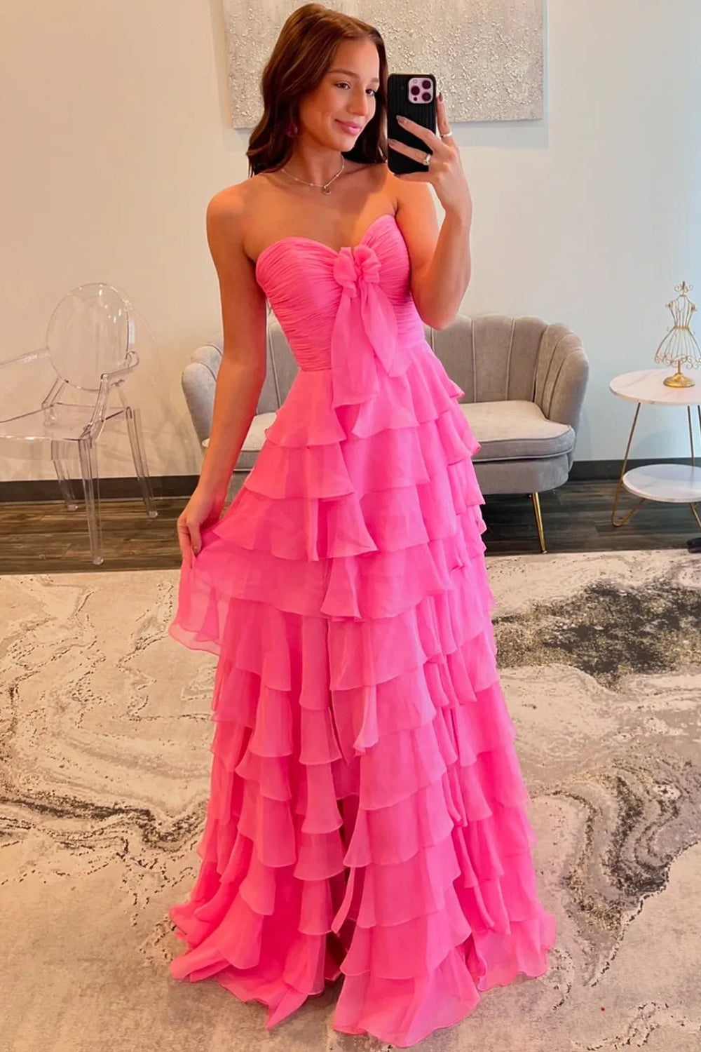 Chiffon A Line Prom Dresses for Women 2026 Strapless Flower Tiere Ruffled Formal Evening Party Dress (HW069)