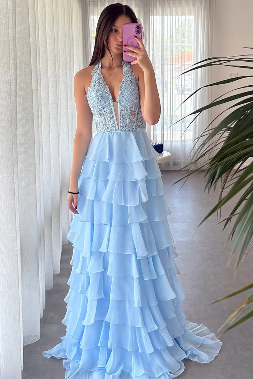 Halter Corset Prom Dresses Chiffon Layered Ruffle Long Slit Party Dress With Lace Appliques (HW050)