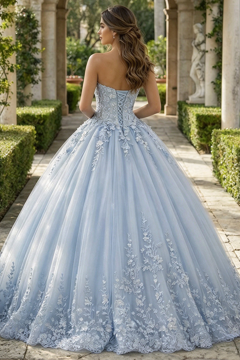 Strapless Quinceanera Dress 3D Floral Lace Applique Tulle Ball Gown With Lace-Up (HW349)