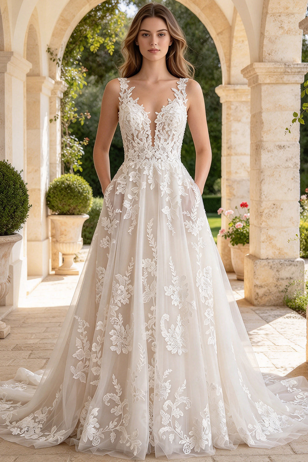 Long A Line Tulle Wedding Dress V Neck Lace Appliques Bridal Gown (HW322)
