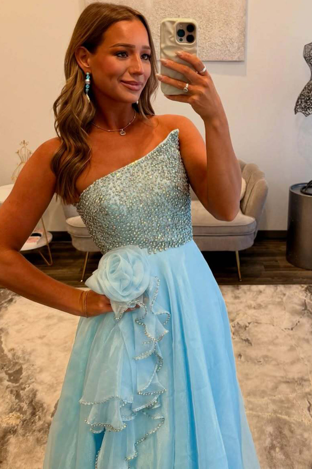 One Shoulder Long Prom Dress Beaded Bodice Chiffon A-Line with 3D Flower Ruffle High Slit Wedding Guest Dress (HW152)