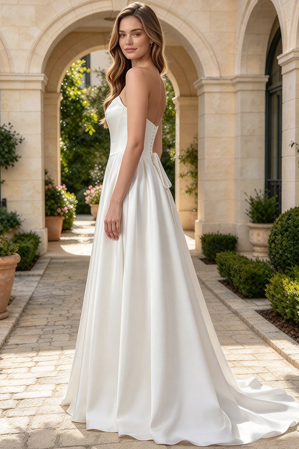 Strapless Draped Satin Wedding Dress Corset Lace Up A-Line Bridal Gown With Train (HW313)